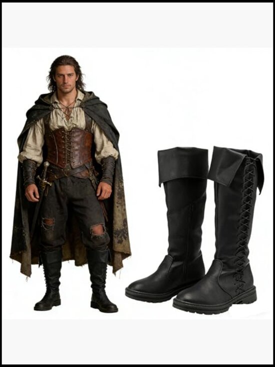 Medieval Viking Tall Black Boots with Fold-Over Cuff Renaissance Cosplay main image 7